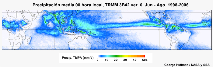 El ciclo diurno de precipitación tropical para junio a agosto.