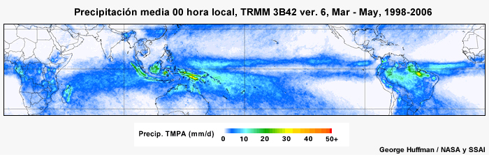 El ciclo diurno de precipitación tropical para marzo a mayo.