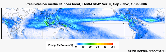 El ciclo diurno de precipitación tropical para septiembre a noviembre.