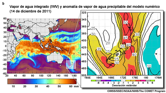 Imagen satelital de anomalías de agua precipitable (PW) para el 14 de diciembre de 2011. El detalle muestra el correspondiente análisis de agua precipitable del modelo numérico y la desviación estándar de la normal en la región de Nueva Zelanda.