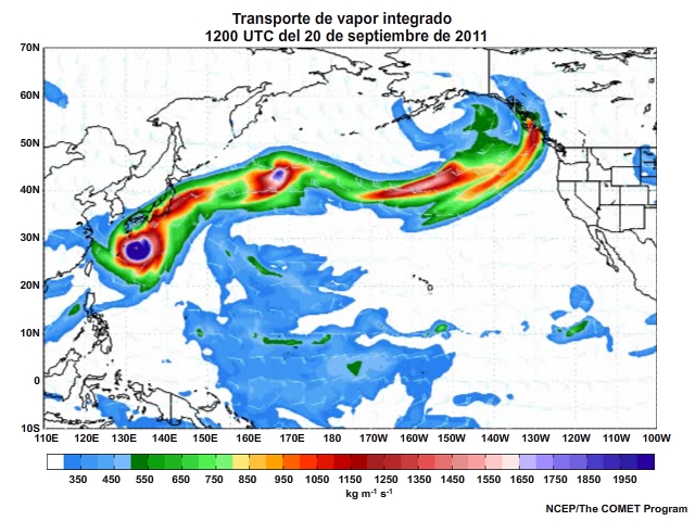 Animación de vapor de agua integrado mundial de septiembre de 2011 que muestra un río atmosférico que se extiende desde un ciclón tropical en el Pacífico noroccidental hasta la costa oeste de Norteamérica.