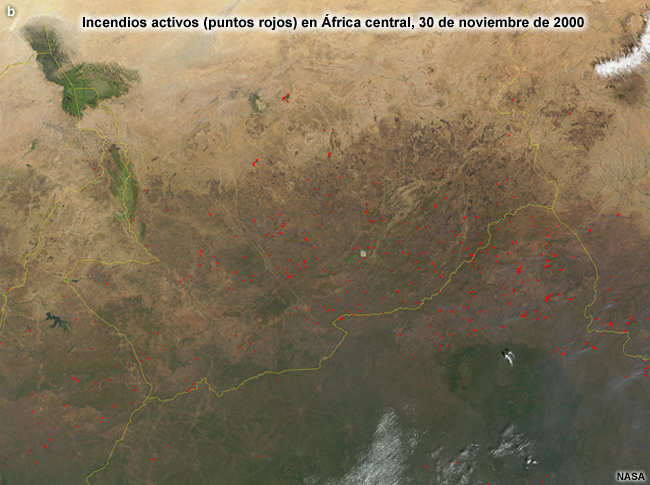 Imagen satelital de incendios en África central, 30 de noviembre de 2000