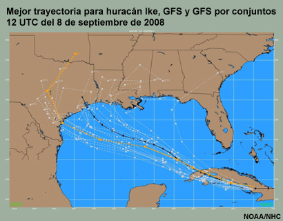 Comparación de los pronósticos del modelo GFS operativo (naranja) y los miembros del conjunto de GFS (blanco) con la «mejor trayectoria» observada (negro) del huracán Ike.