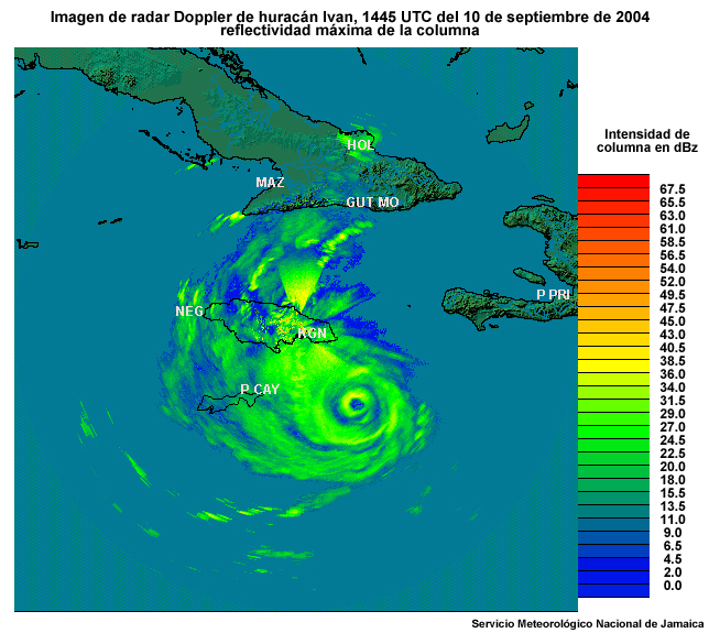 Imagen de reflectividad radar de Kingston, Jamaica, tomada a las 1445 UTC del 10 de septiembre de 2004 