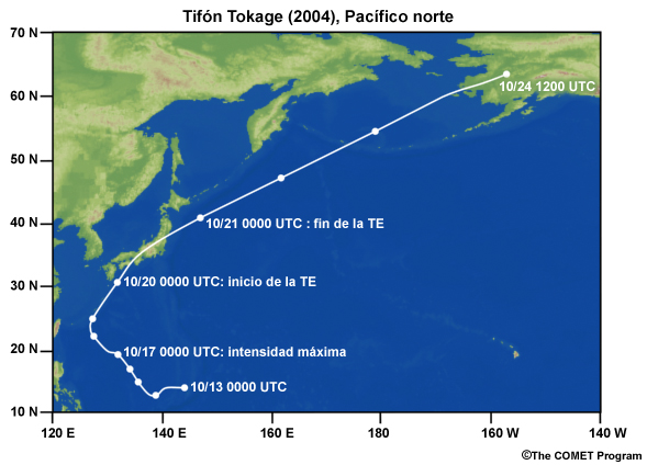 Mejor trayectoria extendida de tifón Tokage (2004), que se formó en el Pacífico Norte.