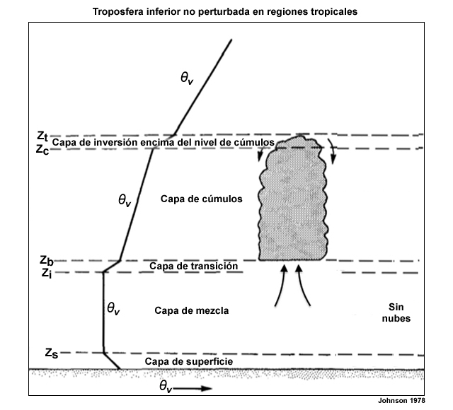 Abajo: representación conceptual del perfil de temperatura potencial virtual en la capa límite en condiciones promedio de buen tiempo sobre el sur de Florida con regiones nubladas y despejadas.