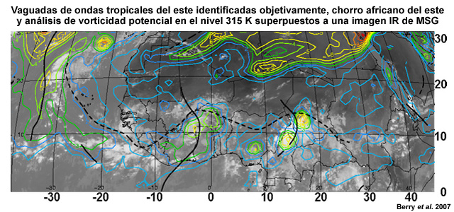 Vaguadas de ondas tropicales del este identificadas objetivamente, con el chorro africano del este y el análisis de vorticidad potencial en el nivel 315 K superpuestos a una imagen IR de Meteosat.