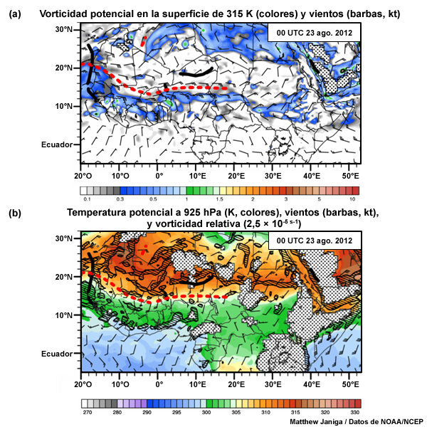 (a) Vorticidad potencial (colores) y velocidad del viento (kt) en la isoentropa de 315 K; (b) temperatura potencial a 925 hPa (colores, en K), velocidad del viento (kt) y vorticidad relativa (sombreado de rayas).