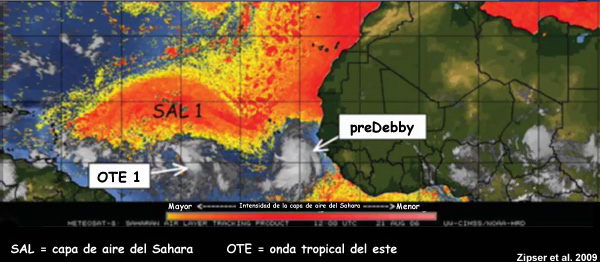 Producto capa de aire del Sahara (SAL) del satélite GOES que muestra una nube de polvo del Sahara y dos ondas tropicales, una de las cuales se transformó en la tormenta tropical Debby.