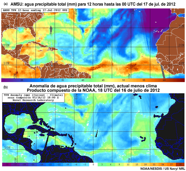 (a) Agua precipitable total (TPW, mm) y (b) anomalías de agua precipitable total (mm) a partir de los datos compuestos de los satélites polares.