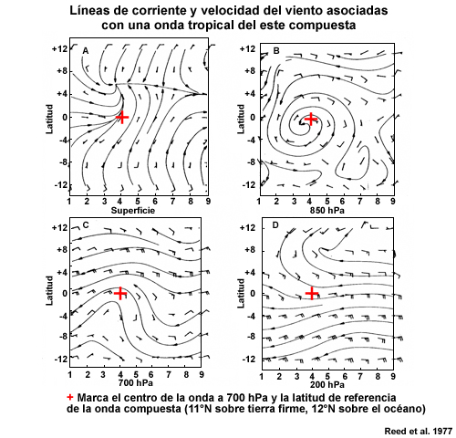 Líneas de corriente y símbolos del viento en la superficie y en los niveles de 850, 700 y 200 hPa para una onda tropical del este compuesta. La cruz indica el centro de la perturbación a 700 hPa.