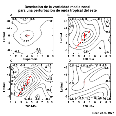 Vorticidad en la superficie y en los niveles de 850, 700 y 200 hPa para una onda tropical del este compuesta.