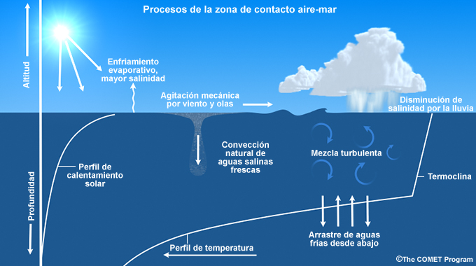 Representación conceptual de los procesos en la zona de contacto aire-mar.