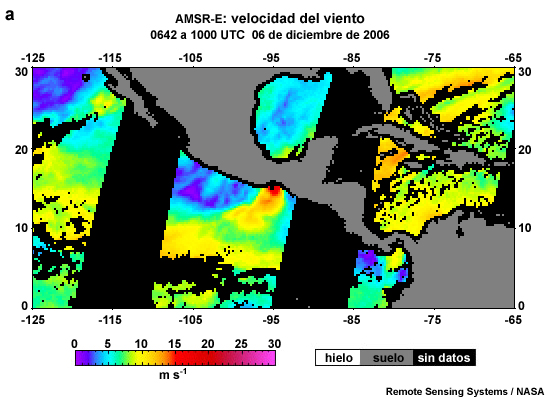 Velocidad del viento en la superficie de AMSR-E.