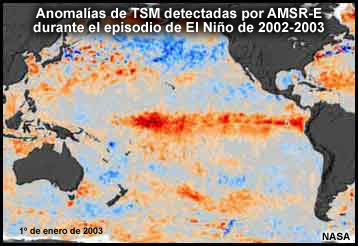 Anomalías de TSM durante el episodio de El Niño de 2002-2003.