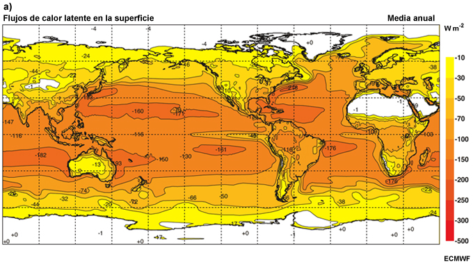 Distribución mundial de flujos de calor latente en la superficie.