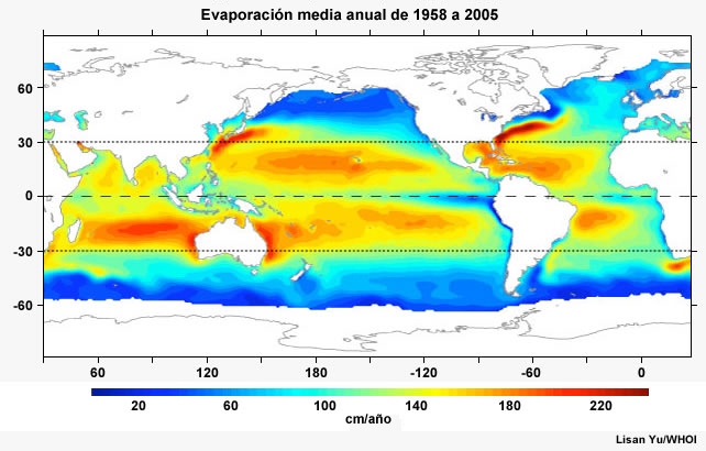 Evaporación media anual (cm/año) 1958-2005.