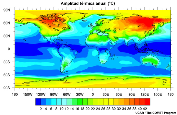 Amplitud anual de temperaturas mensuales en la superficie.