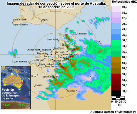 Imágenes radar de convección sobre el NO de Australia el 18 de febrero de 2006 bajo un régimen de vientos del este.