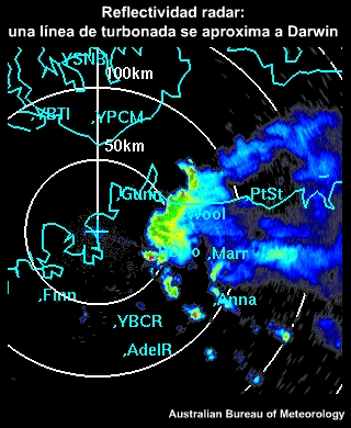 Animación de reflectividad radar que muestra una pareja de vórtices