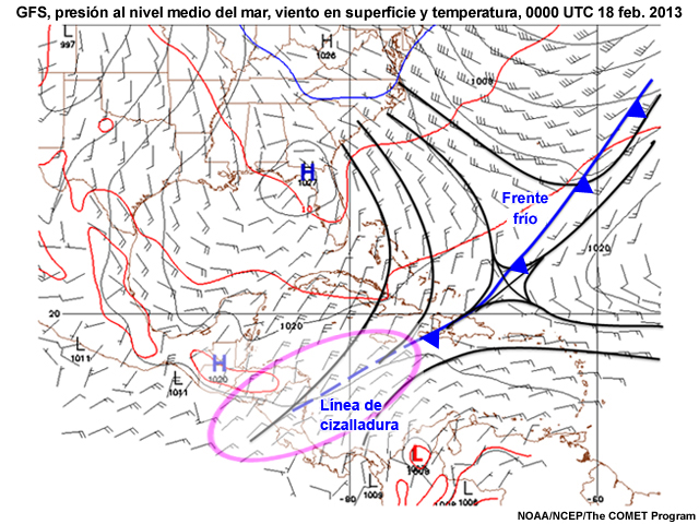 Análisis GFS de presión al nivel medio del mar, viento en la superficie y temperatura a las 0000 UTC del 18 de febrero de 2013.