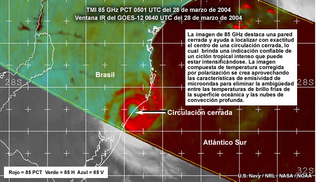 Imagen de microondas en la banda de 85 GHz del ciclón tropical Catarina tomada con el TMI a las 0501 UTC del 28 de marzo de 2004. 