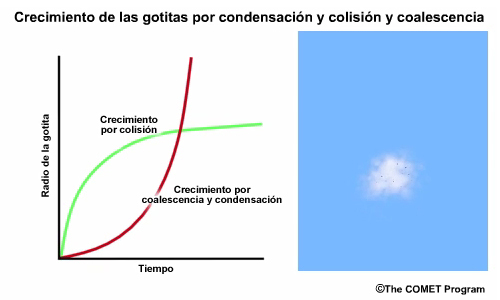 Modelo conceptual de (a, izquierda) la tasa de crecimiento del radio de las gotitas nubosas por condensación y por colisión y coalescencia y (b, derecha) colisión y coalescencia en nubes calientes.