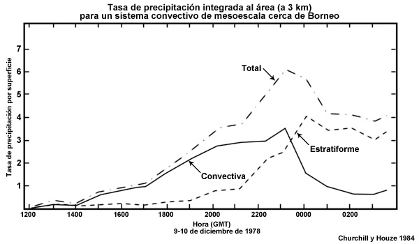 Tasa de precipitación integrada al área (a 3 km) para un SCM cerca de Borneo.