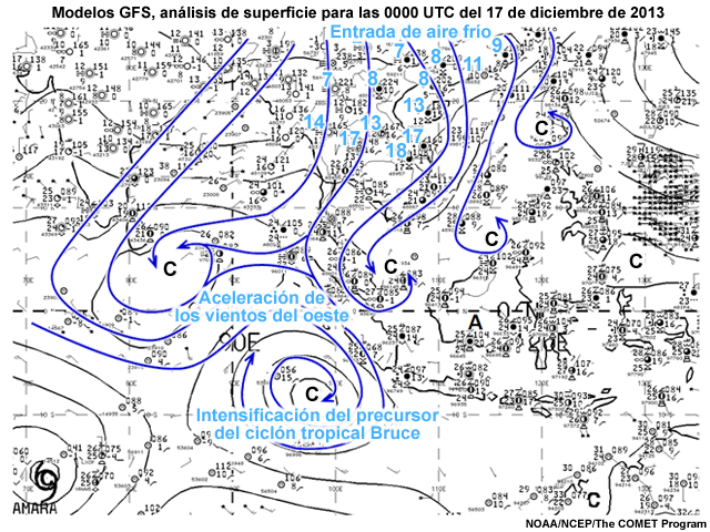 Análisis GFS de superficie para las 0000 UTC del 17 de diciembre de 2013 que muestra una entrada de aire frío en el sudeste asiático, aceleraciones de viento del oeste a lo largo del ecuador y la génesis del ciclón tropical Bruce.