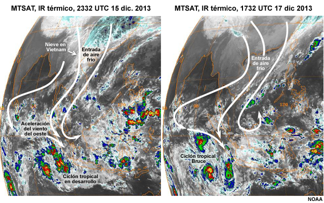Imágenes MTSAT en infrarrojo térmico captadas a las 2332 UTC del 15 de diciembre y a las 1732 UTC del 17 de diciembre de 2013 que muestran regiones cubiertas de nieve, el movimiento de la entrada de aire frío y un ciclón tropical en fase de desarrollo.