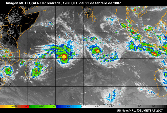 Imagen IR realzada de los ciclones tropicales el 22 de febrero de 2007.