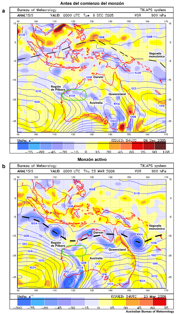 Presión al nivel del mar (isobaras) y vorticidad en 900 hPa.