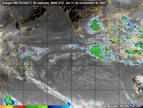 Imagen IR realzada tomada a las 0600 UTC del 11 de noviembre de 2007 de dos ciclones tropicales «gemelos» en los hemisferios norte y sur que sugieren la génesis de ondas de Rossby ecuatoriales
