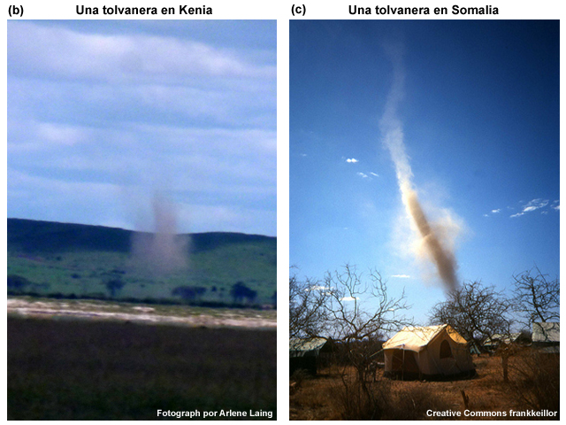 (a) Representación conceptual de la formación de una tolvanera. (b y c) Tolvaneras con cielos despejados (en Somalia) y cúmulos de buen tiempo (en Kenia).