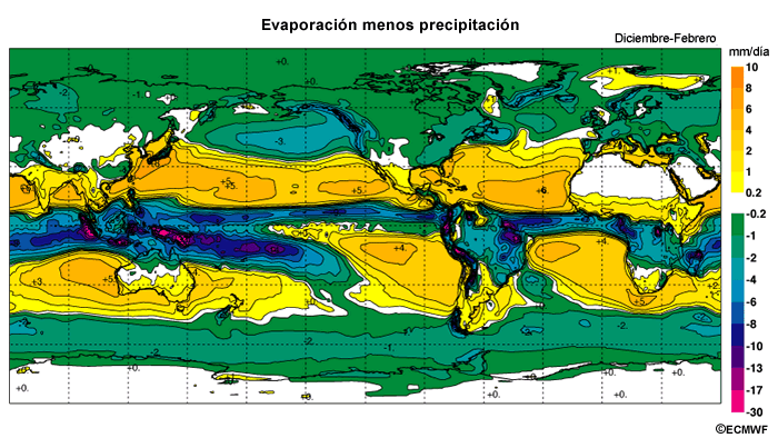 Evaporación media menos precipitación, análisis ERA-40 para diciembre a febrero