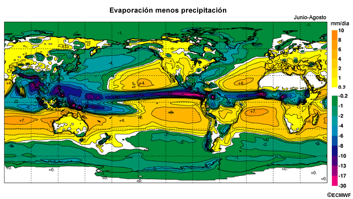 Evaporación media menos precipitación, análisis ERA-40 para junio a agosto