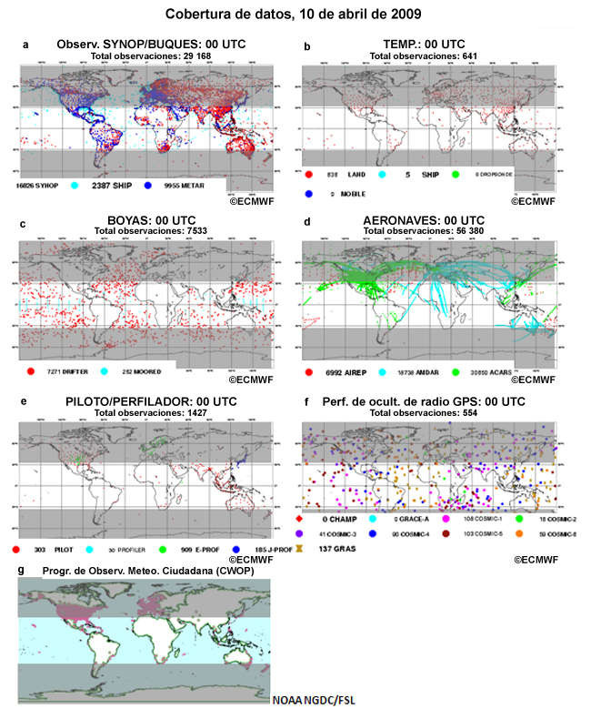 Mapas de las observaciones puntuales realizadas por la red mundial el 10 de abril de 2009.