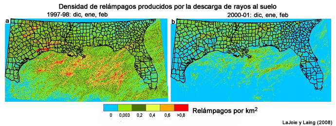 Actividad de ciclones tropicales en el Atlántico (arriba) y el Pacífico oriental (abajo) el año antes, durante y después de El Niño.