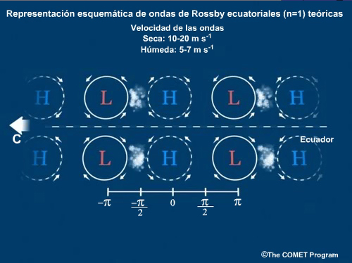 Modelo conceptual de onda de Rossby ecuatorial n=1 teórica.
