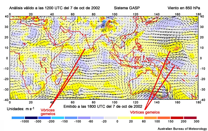 Evidencia de ondas de Rossby ecuatoriales en el análisis de vientos tropicales en 850 hPa de la Oficina Australiana de Meteorología (BoM) para el 7 de octubre de 2002, a las 1200 UTC.
