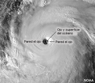 Imágenes satelitales en el visible del ojo y la pared del ojo de un huracán.