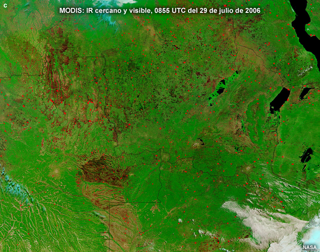 Ubicación de zonas quemadas e incendios en África central detectadas con las bandas de IR cercano de onda corta y visible del MODIS.