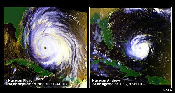 Imágenes satelitales de dos huracanes, Floyd (1999) y Andrew (1992), que se acercan a Florida.