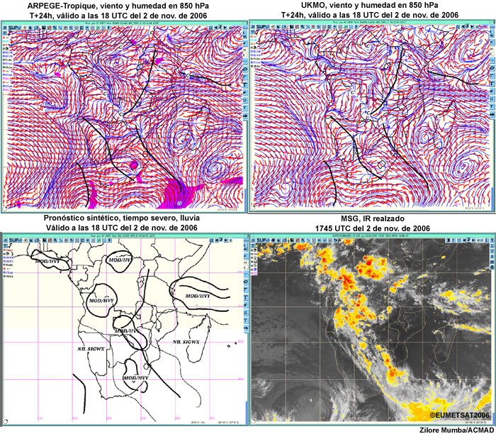 Pronósticos de vientos y humedad en 850 hPa; pronóstico sintético (válido a las 1800 UTC del 2 de noviembre de 2006) con zonas de convergencia, precipitación entre moderada e intensa y tiempo significativo.