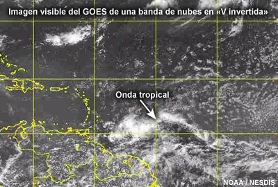 Imagen visible de una banda en «V invertida» asociada a una onda del este sobre el Atlántico.