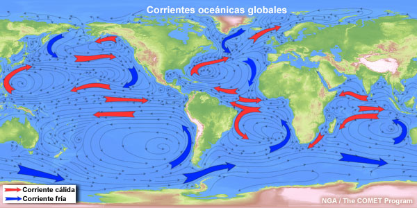 Mapa de corrientes oceánicas superficiales y elevaciones