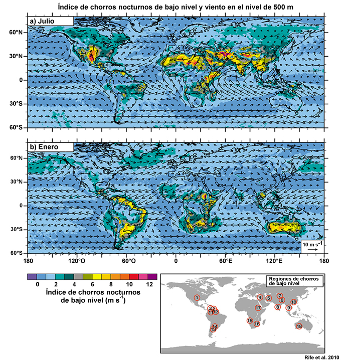 Índice de chorros nocturnos de bajo nivel (colores) y viento a 500 metros sobre el nivel del suelo (vectores) a medianoche hora local entre 1985 y 2005 para (a) julio y (b) enero, calculado a partir de análisis horarios mundiales tridimensionales. El mapa en la derecha inferior muestra la ubicación de los chorros nocturnos de bajo nivel. El vector viento se marca aproximadamente cada 20 puntos de malla.