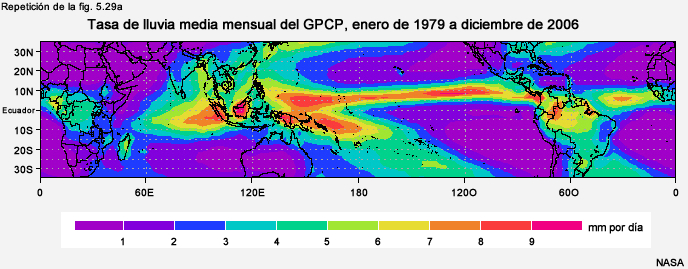 Tasa de precipitación media mensual (mm/día) de GPCP entre 1979 y 2006