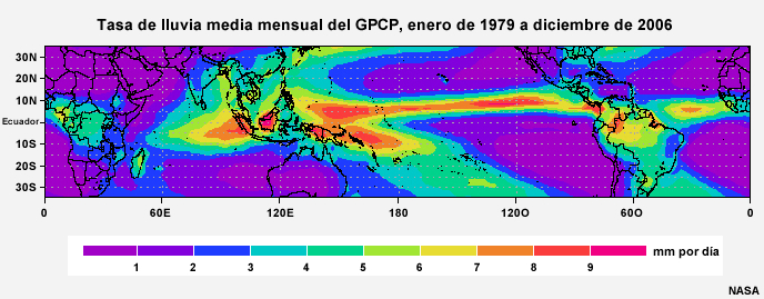 Tasa de precipitación media mensual (mm/día) de GPCP entre 1979 y 2006