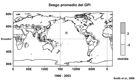 Sesgo del promedio temporal de precipitación analizado directamente (1996-2003) para estimaciones del satélite GPI en mm por día.